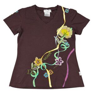 CHRISTIAN DIOR Vintage Floral Embroidered Graphic T-Shirt Size 10 Brown